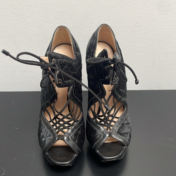 Nicholas Kirkwood Pony Hair Leather Platform Heel Black Lace Up Open Toe 7.5 - Picture 6 of 16